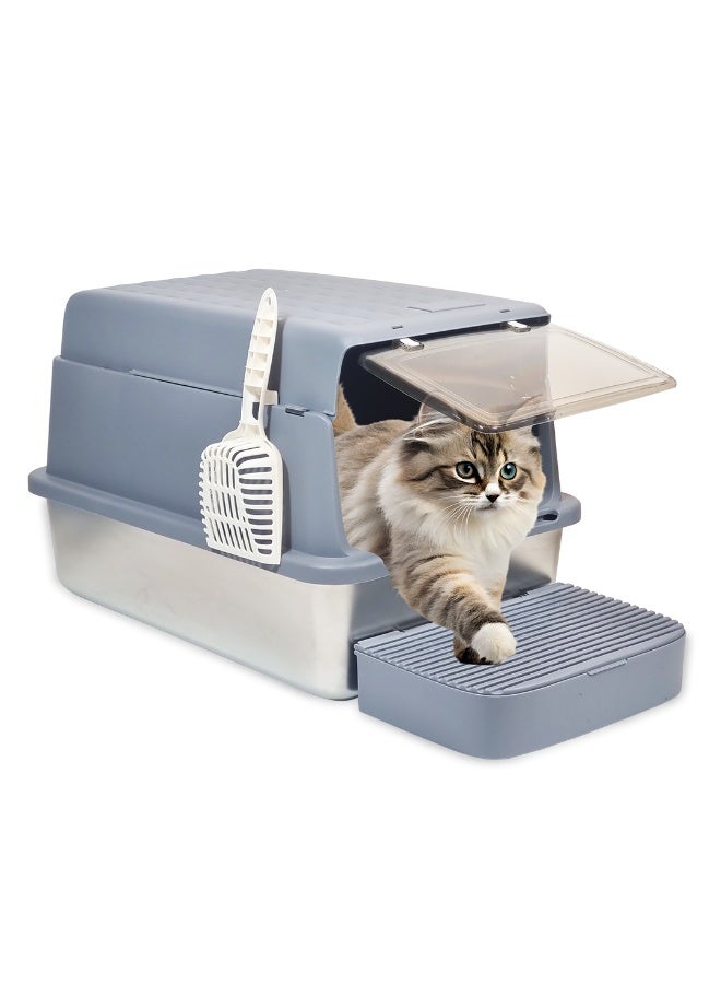 أن ان سي بيتس صندوق قمامة القطط مع مغرفة وغطاء، سياج مرتفع مضاد للرذاذ، قاعدة من الفولاذ المقاوم للصدأ قابلة للإزالة، وباب شفاف، مرحاض قطط 60 سم مع درجة أمامية، مقاوم للرائحة، مقاوم للرذاذ وسهل التنظيف (أزرق) - Image 1