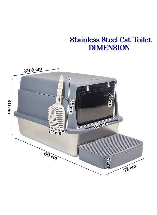 أن ان سي بيتس صندوق قمامة القطط مع مغرفة وغطاء، سياج مرتفع مضاد للرذاذ، قاعدة من الفولاذ المقاوم للصدأ قابلة للإزالة، وباب شفاف، مرحاض قطط 60 سم مع درجة أمامية، مقاوم للرائحة، مقاوم للرذاذ وسهل التنظيف (أزرق) - Image 2