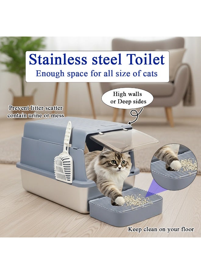 أن ان سي بيتس صندوق قمامة القطط مع مغرفة وغطاء، سياج مرتفع مضاد للرذاذ، قاعدة من الفولاذ المقاوم للصدأ قابلة للإزالة، وباب شفاف، مرحاض قطط 60 سم مع درجة أمامية، مقاوم للرائحة، مقاوم للرذاذ وسهل التنظيف (أزرق) - Image 5