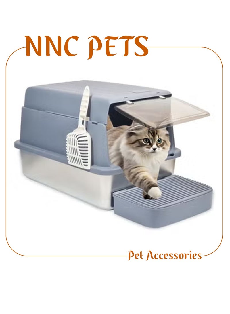 NNC PETS Cat litter tray with scoop and Lid, High fence Anti-splash, Removable Stainless steel base, and Transparent door, 60 cm cat toilet with front step, Odor resistant, Splash-proof & Easy to clean (Blue) - Image 1