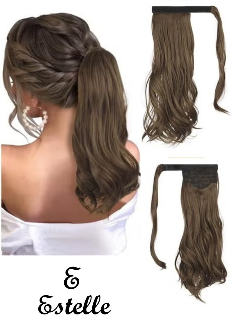 إستيل وصلة ذيل حصان مجعد 15 بوصة مقاومة للحرارة الاصطناعية الطبيعية المتموجة التفاف حول ذيل حصان وصلات شعر للنساء بني مجعد - Image 1