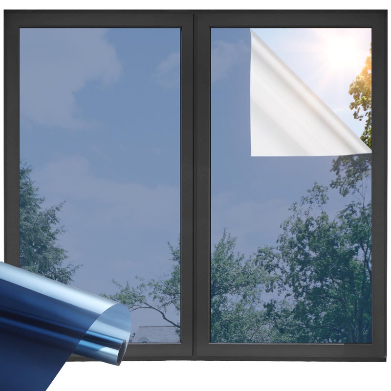 ADD.HERES One Way Window Privacy Film, Sun Blocking Anti UV Reflective Static Cling, Window Tint for Home and Office, No Glue Garage Solar Paper,Blue Silver, 17.5" x 78.7" - Image 1
