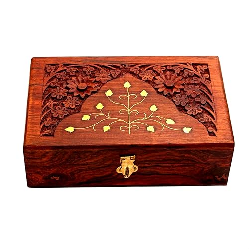 RGrandsons Handmade Wooden Keepsake Storage Box Jewelry Trinket Holder Organizer Floral Hand Carvings with Brass Inlay | Wooden jewellery box for home Storage 12 inch.. - Image 1