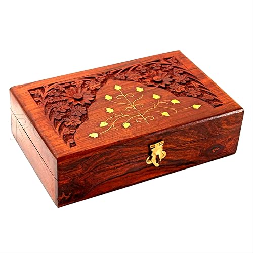 RGrandsons Handmade Wooden Keepsake Storage Box Jewelry Trinket Holder Organizer Floral Hand Carvings with Brass Inlay | Wooden jewellery box for home Storage 12 inch.. - Image 5
