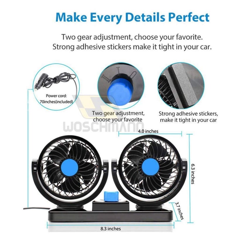 KD K D 12V DC Electric Car Fan for Dashboard, Double Head Cooling Electric Fan, 360 Degree Rotatable Small Fan for Car with 2 Speed Control, ABS Plastic, Dashboard Fan - Image 5