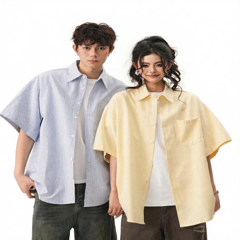Men's Striped Cuban Collar Short Sleeve Casual Shirt with Smiley Face Embroidery - Image 2