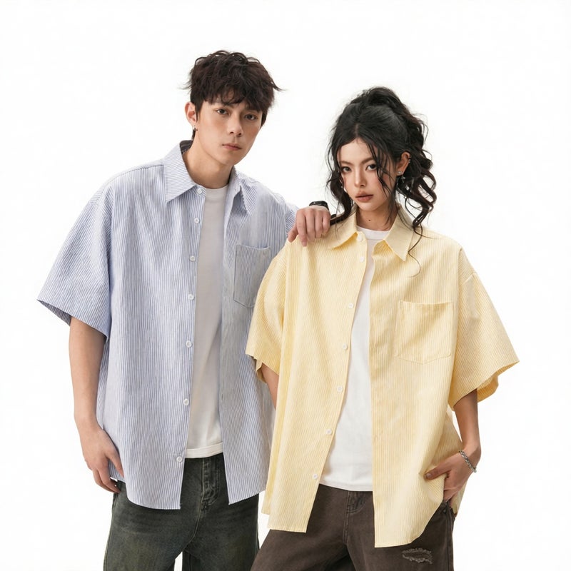 Men's Striped Cuban Collar Short Sleeve Casual Shirt with Smiley Face Embroidery - Image 3
