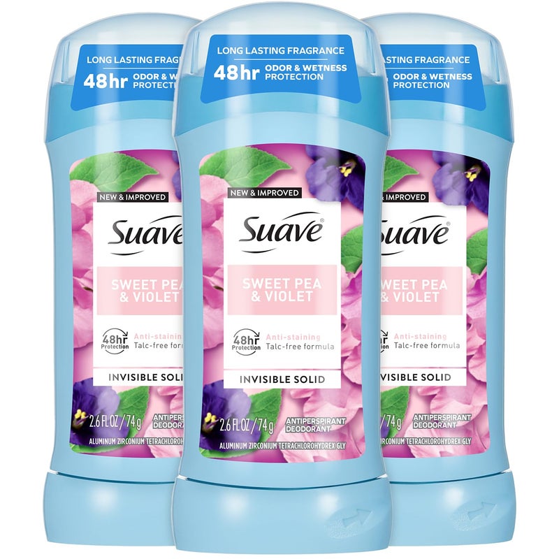 Suave Antiperspirant Deodorant for Women Sweet Pea Violet 3Pack AntiStaining Invisible Solid Sticks TalcFree 26 Oz Ea