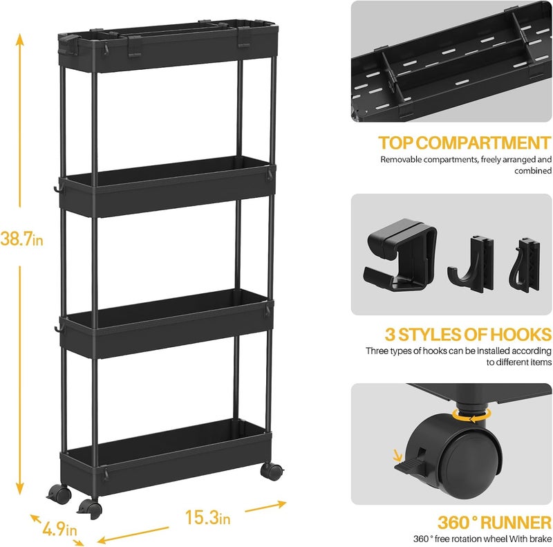 SPACELEAD SAKA Slim Storage Cart,4 Tier Bathroom Rolling Utility Cart Storage Organizer Slide Out Cart, Mobile Shelving Unit Organizer Trolley for Office Bathroom Kitchen Laundry Room Narrow Places, Black - Image 4