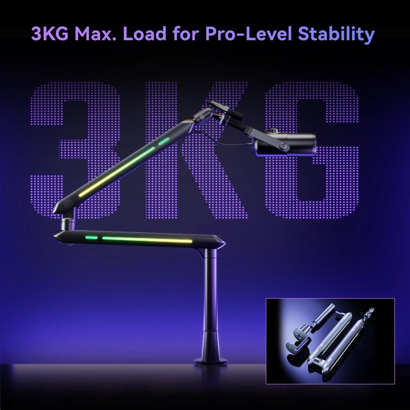 Humanex Light Pursuer RGB Gaming Microphone Boom Arm, Low Profile Desk Mount Mic Stand for Streaming, Podcast and Gaming, 20 RGB Lighting Modes, 360° Rotating Head, Built In Cable Management, 3/8″ and 5/8″ Adapters, Clamp and Grommet, Holds up to 2 kg – ( Model AX3Pro B – Black ) - Image 4