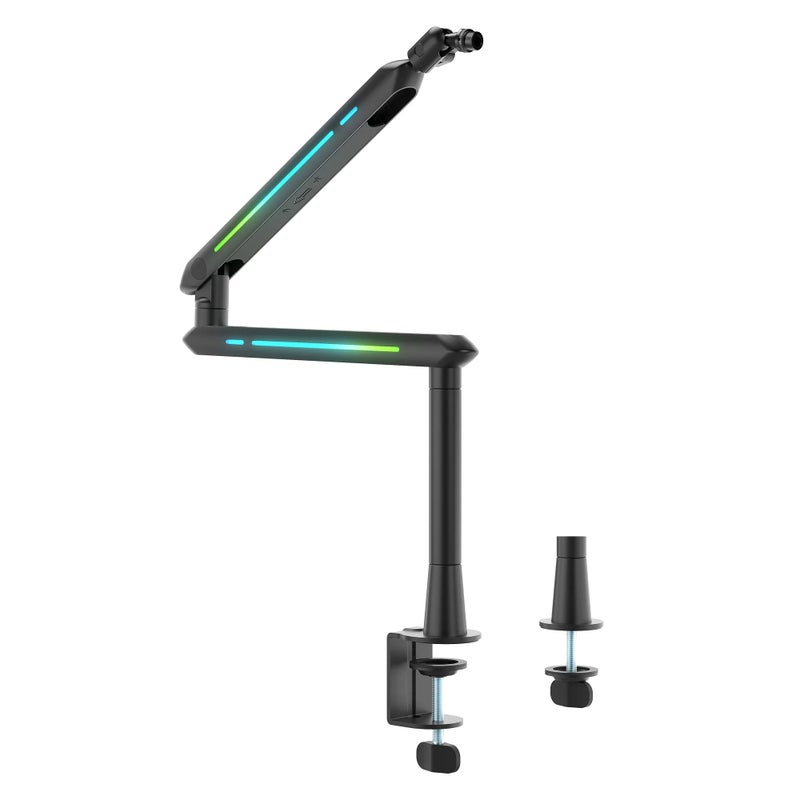Humanex Light Pursuer RGB Gaming Microphone Boom Arm, Low Profile Desk Mount Mic Stand for Streaming, Podcast and Gaming, 20 RGB Lighting Modes, 360° Rotating Head, Built In Cable Management, 3/8″ and 5/8″ Adapters, Clamp and Grommet, Holds up to 2 kg – ( Model AX3Pro B – Black ) - Image 1