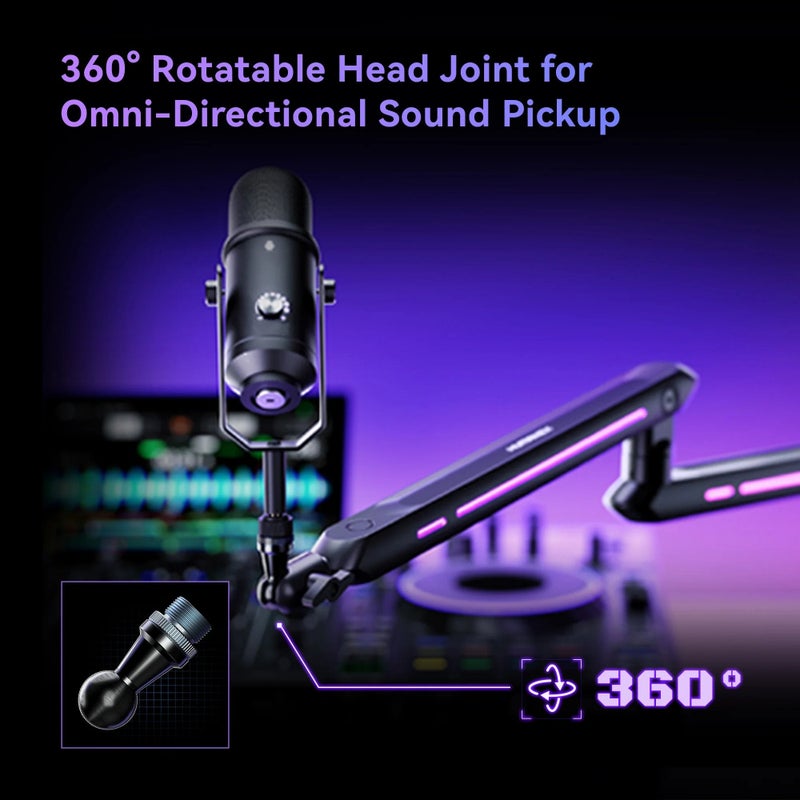 Humanex Light Pursuer RGB Gaming Microphone Boom Arm, Low Profile Desk Mount Mic Stand for Streaming, Podcast and Gaming, 20 RGB Lighting Modes, 360° Rotating Head, Built In Cable Management, 3/8″ and 5/8″ Adapters, Clamp and Grommet, Holds up to 2 kg – ( Model AX3Pro B – Black ) - Image 5