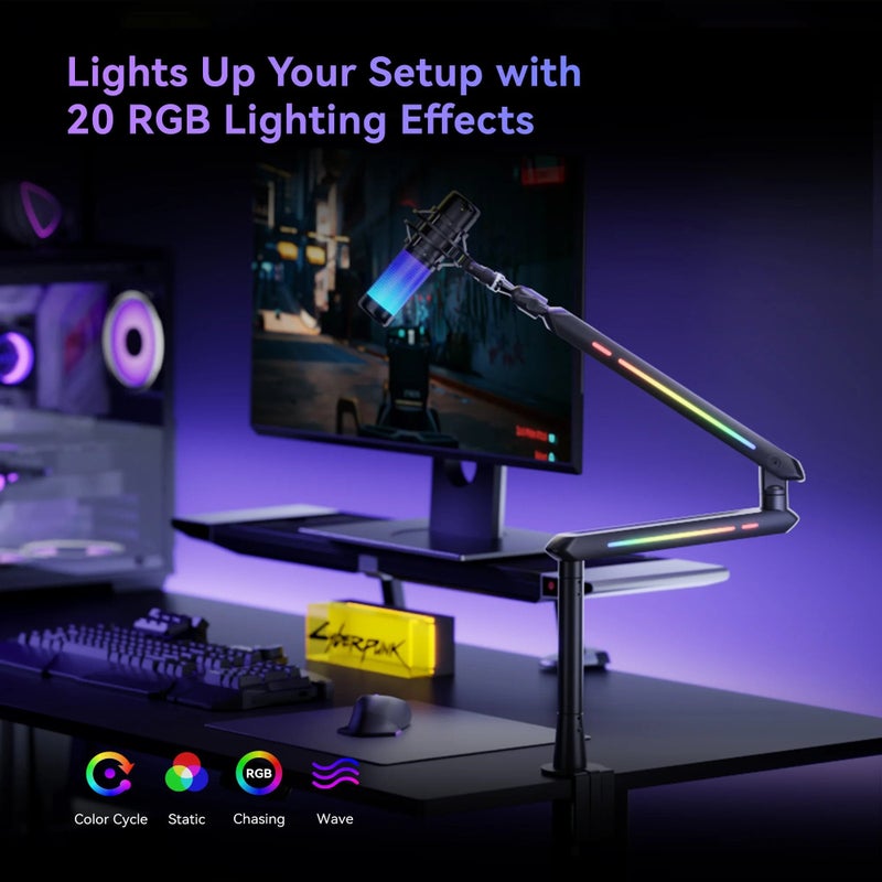 Humanex Light Pursuer RGB Gaming Microphone Boom Arm, Low Profile Desk Mount Mic Stand for Streaming, Podcast and Gaming, 20 RGB Lighting Modes, 360° Rotating Head, Built In Cable Management, 3/8″ and 5/8″ Adapters, Clamp and Grommet, Holds up to 2 kg – ( Model AX3Pro B – Black ) - Image 3
