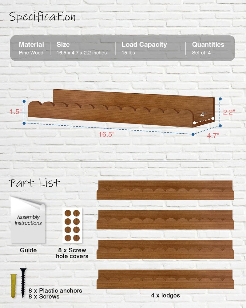 Harwaya Walnut Nursery Book Shelves Wall Set of 4, Dark Wood Scalloped Floating Bookshelf for Wall, Cloud Wooden Hanging Shelving Unit for Kids Bedroom Baby Child Toddler Room Kitchen (Walnut Brown) - Image 2
