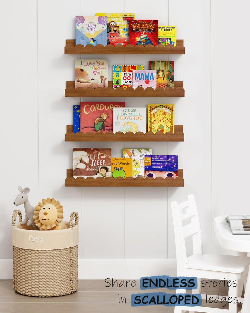 Harwaya Walnut Nursery Book Shelves Wall Set of 4, Dark Wood Scalloped Floating Bookshelf for Wall, Cloud Wooden Hanging Shelving Unit for Kids Bedroom Baby Child Toddler Room Kitchen (Walnut Brown) - Image 3