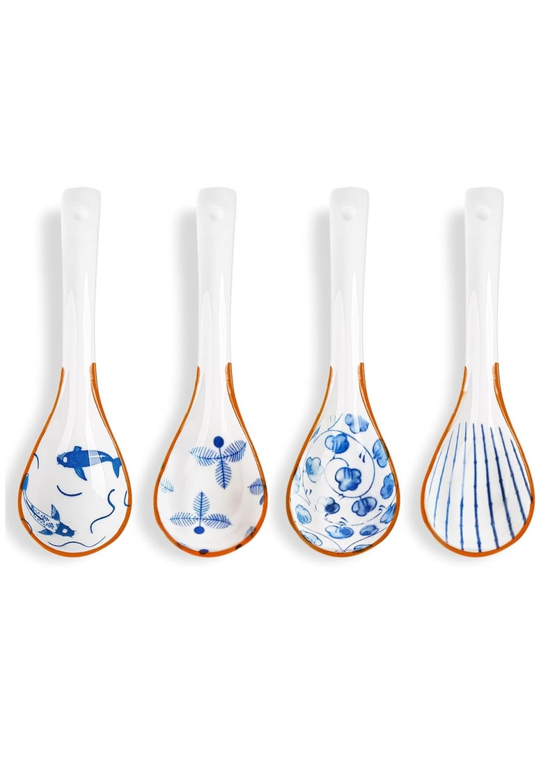 Oasisgalore 4 Pcs Ceramic Soup Spoons, Ramen Spoons with Long Handle, for Ramen, Pho, Cereal, Wonton, Dumpling - Image 1