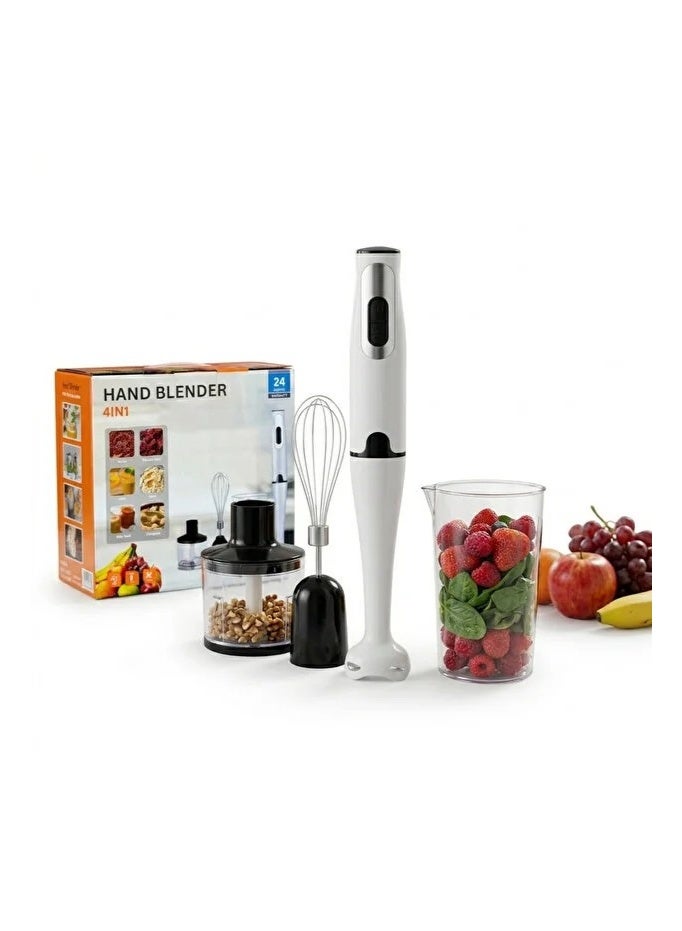4-in-1 electric hand blender, featuring a 500ml food chopper, a stainless steel whisk, and a 700ml mixing bowl. - Image 1
