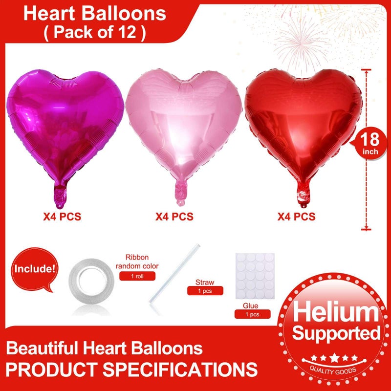 Lovoir 12 Pcs Red Heart Shape Foil Mylar Balloons 18 Inch Love Balloons for Valentine's Day Birthday Party Decorations Wedding Engagement Romantic Decor (Red & Pearl Pink & Hot Pink) - Image 2