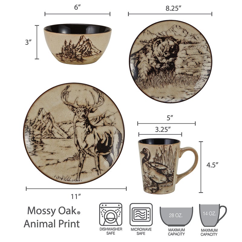 Mossy Oak Animal Print 16 Piece Dinnerware Set, Service for 4, Black and Beige - Image 2