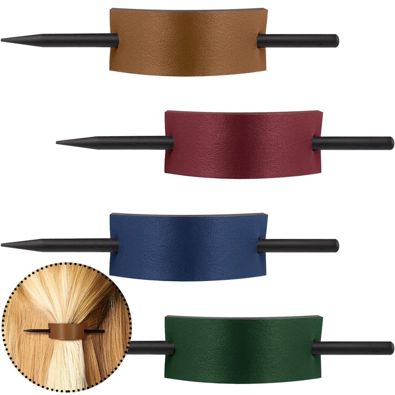 Luinabio 4 Pieces Womens Leather Hair Barrettes and Ponytail Hair Pins  Stick Clips and Accessories in 4 Colors Khaki Royalblue Dark Green Rose Red