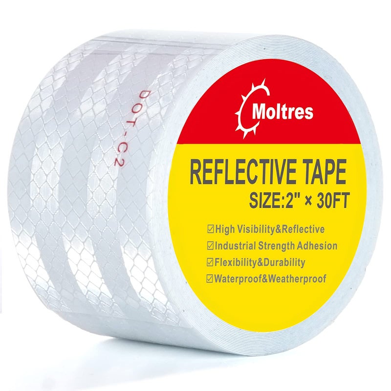 MOLTRES DOT-C2 Reflective Tape,White Silver 2Inch X30 Feet Waterproof Conspicuity Safety Tape,Trailer Self Adhesive Warning Caution Reflector Tapes for Car Trucks Trailer Vehicle Outdoor - Image 1