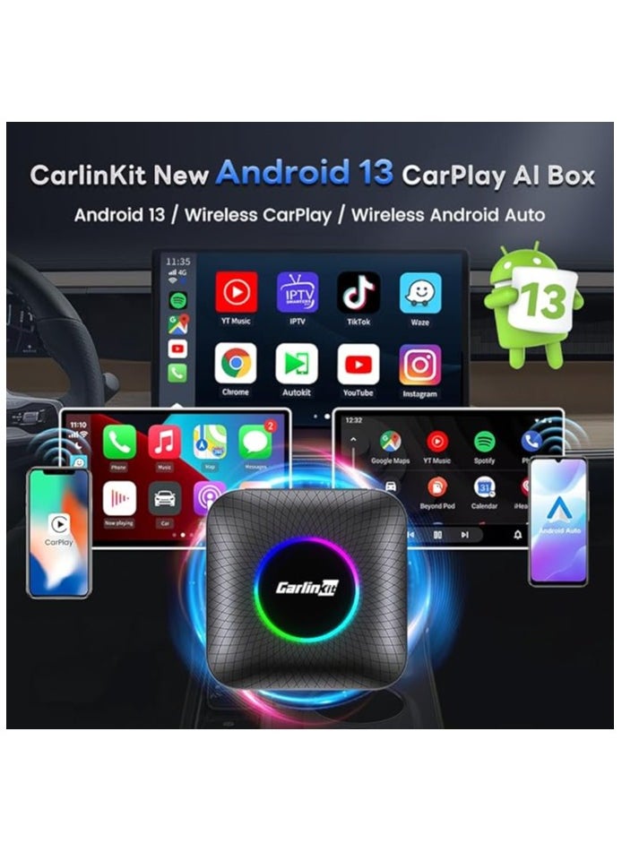Carlinkit - Carlinkit Android 13 Ai Box LED , Qualcomm, 4+64GB, 3-in-1 Adapter with 4G Cellular, Streaming Video, TF Card, Built-in Google Play, Only Suitable for Wired Car Play Cars - Image 1