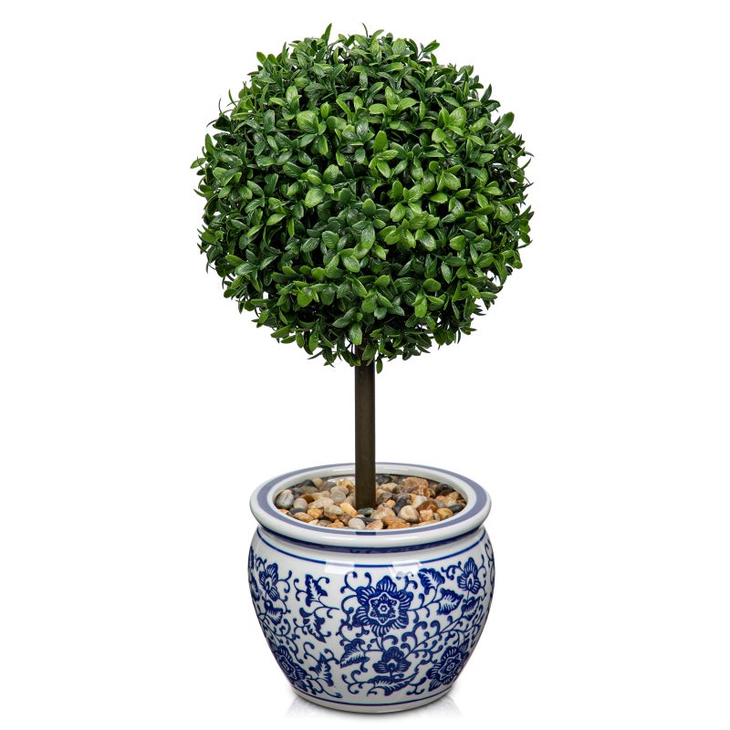 DILATATA Artificial Topiary Boxwood Ball in Blue and White Ceramic Pot, 16 Inch Artificial Boxwood in Planters Decorative Fake Greenery for Table Centerpiece Indoor Plant Home Decor - Image 1
