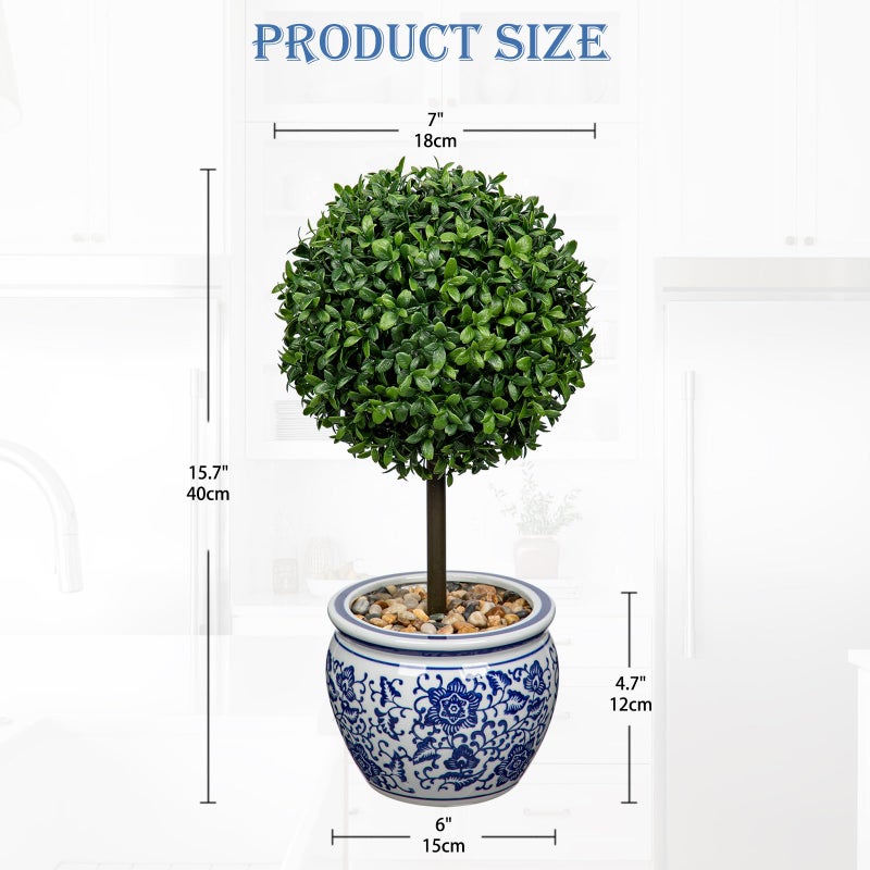 DILATATA Artificial Topiary Boxwood Ball in Blue and White Ceramic Pot, 16 Inch Artificial Boxwood in Planters Decorative Fake Greenery for Table Centerpiece Indoor Plant Home Decor - Image 3