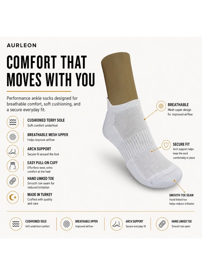 Aurleon 89% Cotton Cushioned Ankle Socks – 3 Pack – Arch Support - Image 2