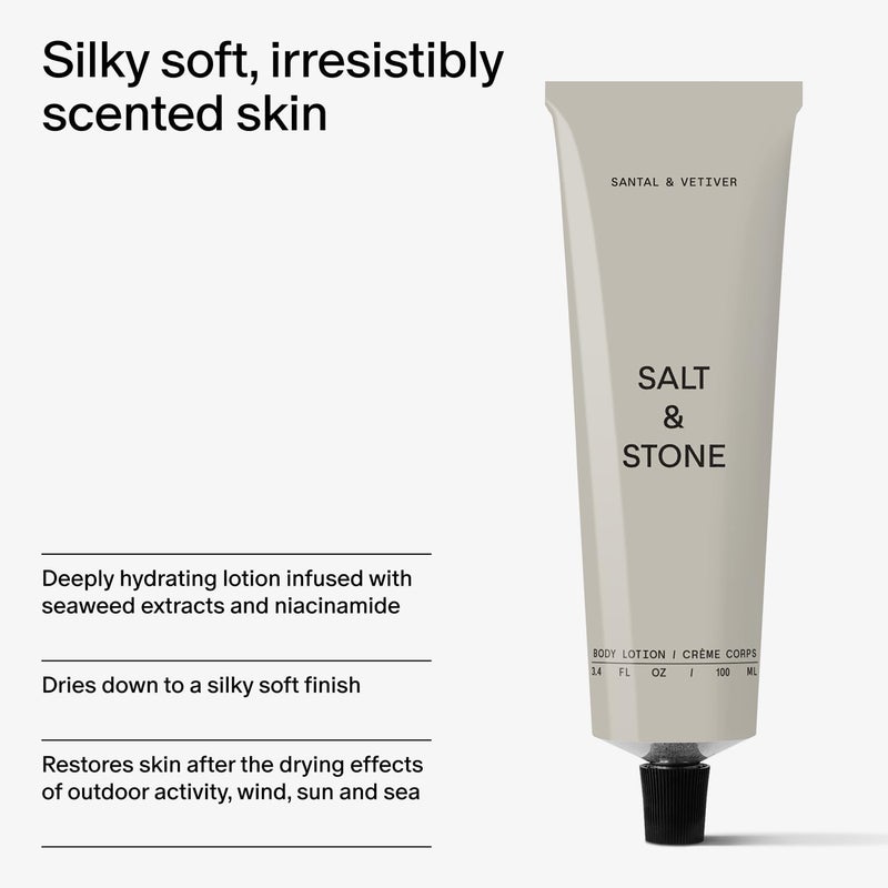 Salt & Stone Body Lotion for Women & Men | Hydrates, Nourishes & Softens Skin | Restores Dry Skin | Fast-Absorbing | Cruelty-Free & Vegan (100 ml) (Santal & Vetiver) - Image 4