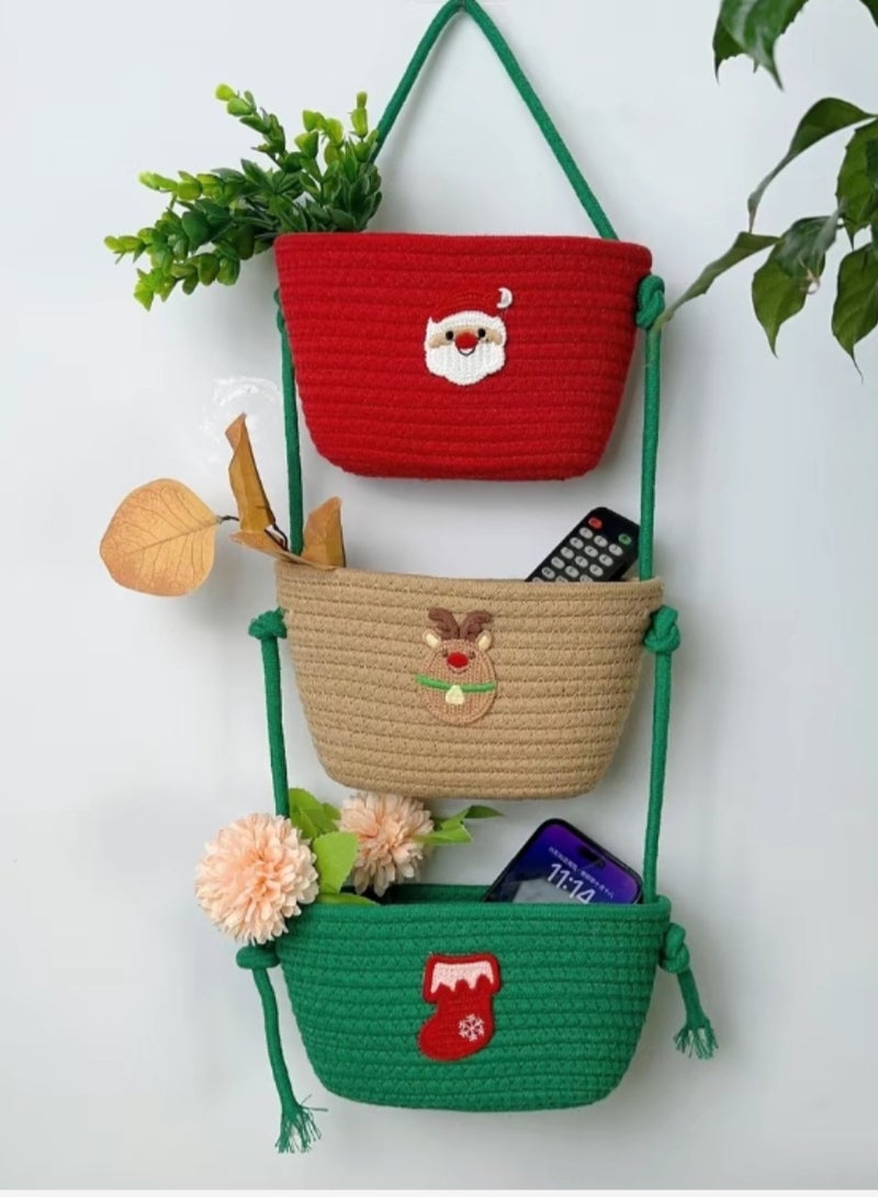 3-Tier Woven Cotton Over the Door Hanging Rope Basket, Decorative Wall-Mounted Storage Organizer Bag for Kitchen, Stylish and Functional Jute Baskets - Image 1