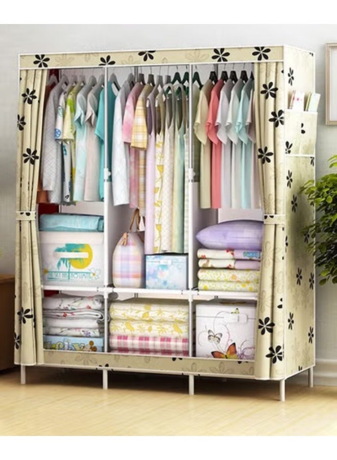 Wardrobe Storage Closet,Fabric Clothes Organizer With Side Pockets,Zipper And Hanging Rail,Foldable Non-Woven Textile Storage Clothing Rack