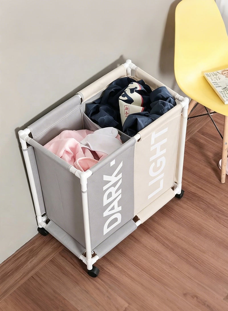 2-Section Laundry Basket with Wheels White&Grey 61*35*65cm - Image 5