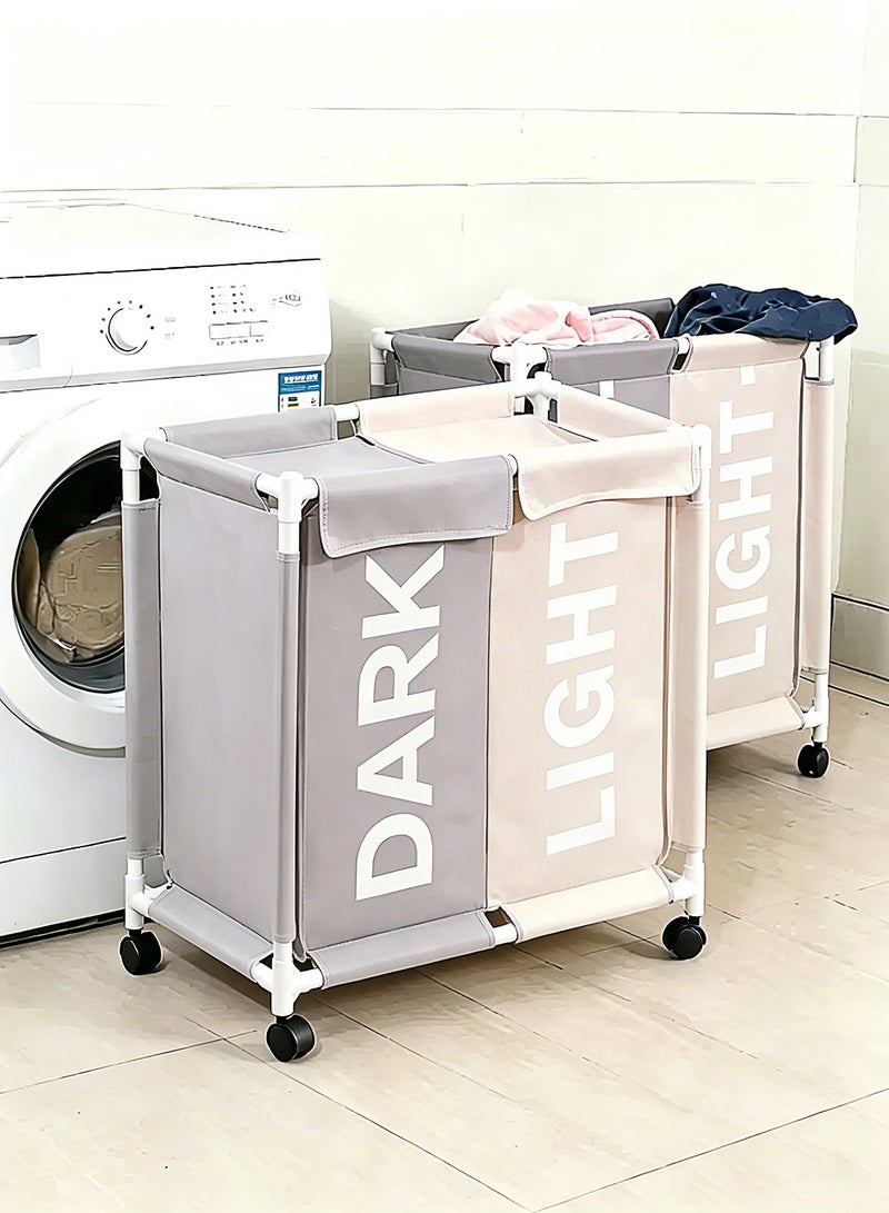 2-Section Laundry Basket with Wheels White&Grey 61*35*65cm - Image 2