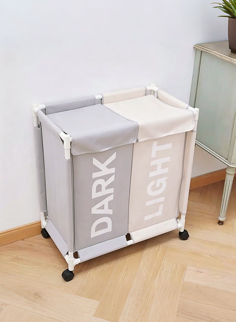 2-Section Laundry Basket with Wheels White&Grey 61*35*65cm - Image 4