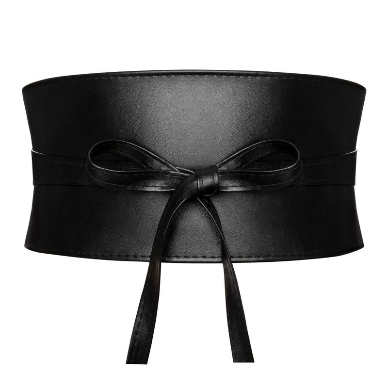 macoking Thick Black Wide Obi Belts for Women Faux Leather Corset with Lace Up Wrap Style L - Image 1