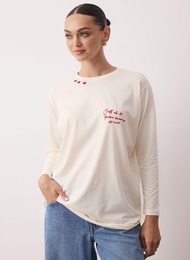 trendyol Ecru Oversize Single Jersey Fabric Embroidery Detailed Plain Knitted Tunic - Image 2