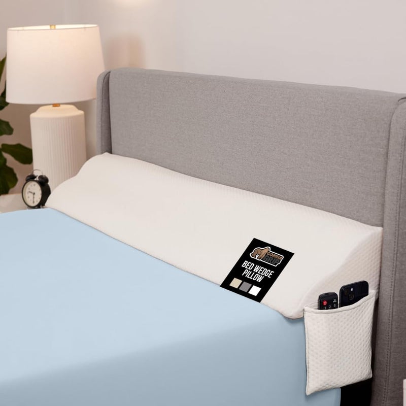 GORILLA GRIP Patented Bed Wedge Pillow for Headboard Gap, Filler Between Mattress Gaps, Comfortable Supportive High Density Cushioned Foam Pillows, Stay in Place Gripping Dots, Queen White - Image 1