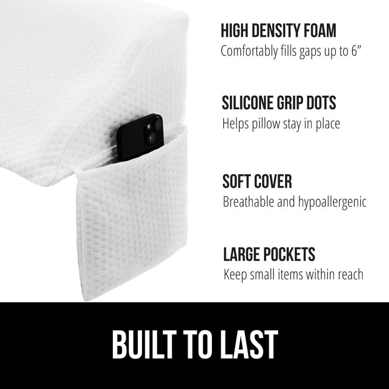 GORILLA GRIP Patented Bed Wedge Pillow for Headboard Gap, Filler Between Mattress Gaps, Comfortable Supportive High Density Cushioned Foam Pillows, Stay in Place Gripping Dots, Queen White - Image 2
