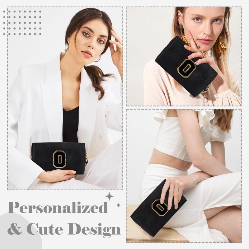 ChaoGreat حقيبة مكياج أولية مخصصة من A-Z Preppy Patch حقيبة مستحضرات تجميل صغيرة على شكل حرف Pu Chenille مع سحاب للفتيات المراهقات، حقيبة سوداء لطيفة لتنظيم أدوات الزينة، حقيبة مكياج هدية للنساء والفتيات حرف O - Image 4