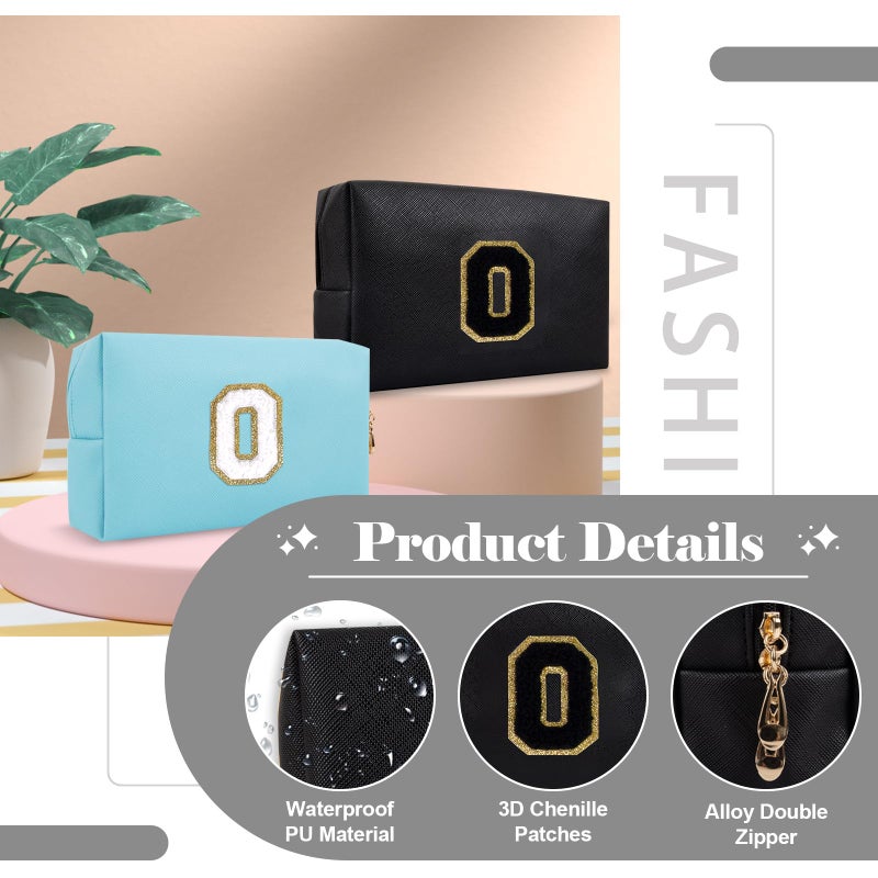 ChaoGreat حقيبة مكياج أولية مخصصة من A-Z Preppy Patch حقيبة مستحضرات تجميل صغيرة على شكل حرف Pu Chenille مع سحاب للفتيات المراهقات، حقيبة سوداء لطيفة لتنظيم أدوات الزينة، حقيبة مكياج هدية للنساء والفتيات حرف O - Image 2