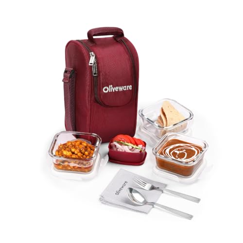 SOPL-OLIVEWARE Executive Glassware Lunchbox with Steel Cutlery,Borosilicate Glass, Microwave & Freezer Safe, Set of 3 (320ml)-Maroon - Image 1