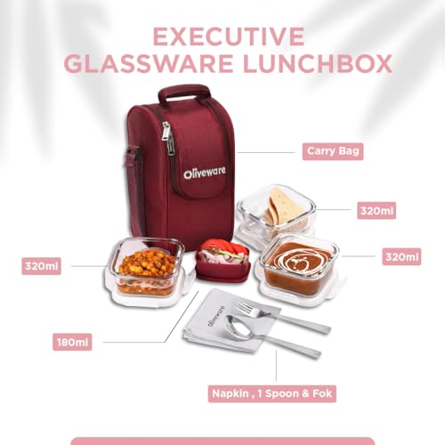 SOPL-OLIVEWARE Executive Glassware Lunchbox with Steel Cutlery,Borosilicate Glass, Microwave & Freezer Safe, Set of 3 (320ml)-Maroon - Image 2