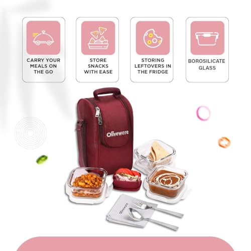 SOPL-OLIVEWARE Executive Glassware Lunchbox with Steel Cutlery,Borosilicate Glass, Microwave & Freezer Safe, Set of 3 (320ml)-Maroon - Image 5