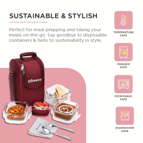 SOPL-OLIVEWARE Executive Glassware Lunchbox with Steel Cutlery,Borosilicate Glass, Microwave & Freezer Safe, Set of 3 (320ml)-Maroon - Image 4