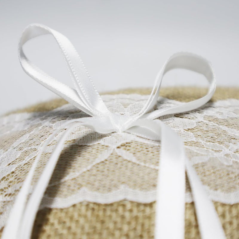 COSLANLEE Ring Bearer Pillow, Ring Bearer Cushion Vintage Rustic Burlap Ring Holder for Fall Wedding Ceremony Party Anniversary Décor with Lace, Bow, and Embroidered Flower Ribbon, 6x6 inches - Image 3