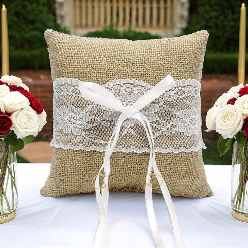 COSLANLEE Ring Bearer Pillow, Ring Bearer Cushion Vintage Rustic Burlap Ring Holder for Fall Wedding Ceremony Party Anniversary Décor with Lace, Bow, and Embroidered Flower Ribbon, 6x6 inches - Image 5