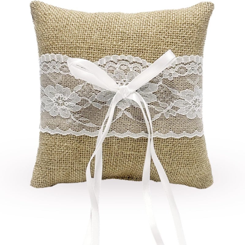 COSLANLEE Ring Bearer Pillow, Ring Bearer Cushion Vintage Rustic Burlap Ring Holder for Fall Wedding Ceremony Party Anniversary Décor with Lace, Bow, and Embroidered Flower Ribbon, 6x6 inches - Image 1