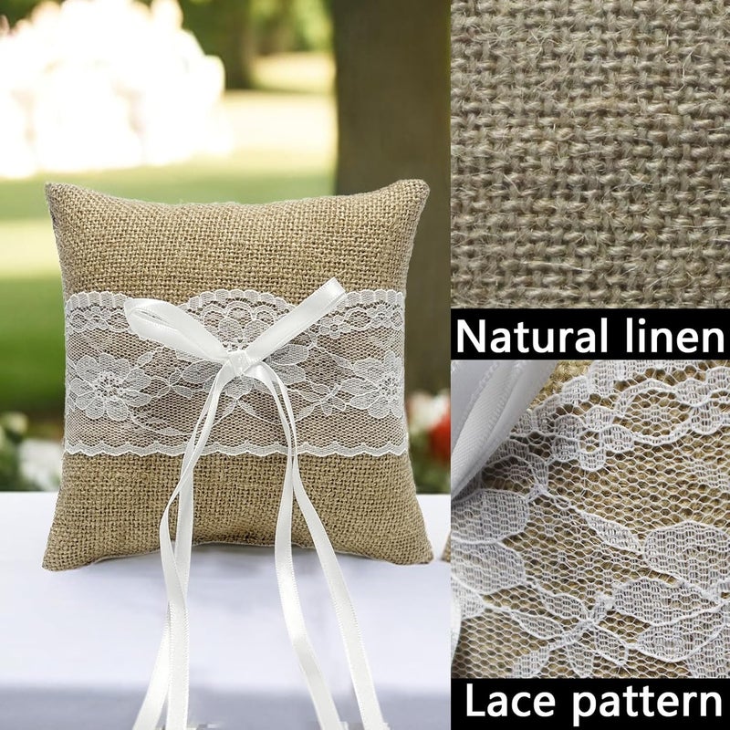 COSLANLEE Ring Bearer Pillow, Ring Bearer Cushion Vintage Rustic Burlap Ring Holder for Fall Wedding Ceremony Party Anniversary Décor with Lace, Bow, and Embroidered Flower Ribbon, 6x6 inches - Image 4
