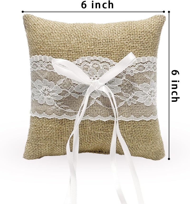 COSLANLEE Ring Bearer Pillow, Ring Bearer Cushion Vintage Rustic Burlap Ring Holder for Fall Wedding Ceremony Party Anniversary Décor with Lace, Bow, and Embroidered Flower Ribbon, 6x6 inches - Image 2